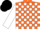 Silk - Orange, white 'aj', black and white blocks on sleeves, black cap