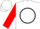 Silk - White, red 'km' in black circle on back, red sleeves