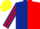 Silk - dark blue and red halved diagonally, lime green sleeves, red stripes, yellow cap, red spot