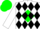 Silk - White, green 'r' in diamond frame, green and black diamonds on white sleeves, green cap