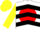 Silk - White, yellow 'pcs' on red ball, red and black chevrons on yellow sleeves, yellow cap