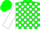 Silk - Green and white blocks, white sleeves, two green hoops, green cap