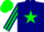 Silk - Navy blue, dayglo green star, striped sleeves, dayglo green cap
