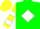 Silk - Green, yellow diamond in white diamond frame, yellow and white hoops on sleeves, yellow cap