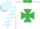 Silk - White, emerald green maltese cross, emerald green collar, white and light blue checked sleeves and cap, emerald green cuffs