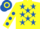Silk - Yellow, royal blue stars, yellow sleeves, royal blue spots, hooped cap