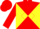 Silk - Red and yellow diagonal quarters, red 'jc', yellow and red diamond sleeves