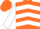 Silk - Orange, white 'buggy racing', white inverted chevrons, white blocks on sleeves, orange cap