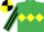 Silk - Emerald green, yellow triple diamond, emerald green and black striped sleeves, black and yellow quartered cap