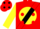 Silk - Red, black musical note on yellow ball, yellow and black sash, red dots on yellow sleeves