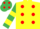 Silk - Yellow, Red spots, Emerald Green and Yellow hooped sleeves, Emerald Green cap, Red spots.