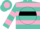 Silk - Turquoise, pink hoops, turquoise and pink 'cm' on black ball, pink bars on sleeves