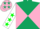 Silk - Hunter green and pink diagonal quarters, white sleeves, green stars