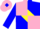 Silk - Pink, blue quarters, blue 'rlc' in yellow diamond, pink & blue diagonal quarted sleeves