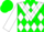 Silk - Green, white triangular panel, grenn diamonds on white sleeves, green cap