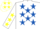Silk - White, Royal Blue stars, White sleeves, Yellow stars and stars on cap.