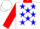 Silk - White, red collar, white and red firefighter emblem, blue fire hydrant and hook and ladder, blue stars and red cuffs on sleeves, white cap