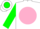 Silk - White, green circled 'm' on pink ball, pink band on green sleeves
