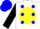 Silk - White, blue dots on black yolk, red 'a' in yellow ball, blue dots on black sleeves, blue cap