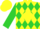 Silk - Yellow, red 'twa' on lime green diamonds, yellow diamond band on lime green sleeves, yellow cap