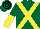 Silk - Dark green, yellow cross belts, halved sleeves, dark green and black hooped cap
