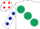 Silk - White, large dark green spots, white sleeves, dark blue spots, white cap, red spots