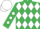 Silk - Emerald green and white checked diamonds, green, white diamonds on sleeves, green and white checked cap and emerald green peak