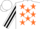 Silk - White, orange cresent moon, black horse, orange stars on black stripe on sleeves, white cap