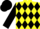 Silk - yellow, black band of diamonds, black sleeves, checked cap, black peak
