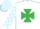 Silk - White, emerald green maltese cross, white and light blue checked sleeves and cap, green peak