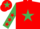 Silk - Red, emerald green star, emerald green sleeves, red stars, red cap, emerald green star