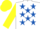 Silk - White, Royal Blue stars, Yellow sleeves and cap.
