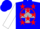 Silk - Blue, white dove on red circle on silver cross and feathers, red stars on white slvs, blue cap