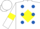Silk - White, royal blue spots, white sleeves, yellow armlets and diamond on white cap
