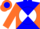 Silk - Blue, orange diagonal quarters,white ball, orange sleeves