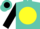 Silk - Turquoise, black infinity emblem on yellow ball, yellow band on black sleeves