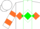 Silk - White, orange rockin 'e', green & orange diamond hoops, orange & green diamond stripe & orange hoops on slvs, white cap