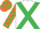 Silk - White, emerald green cross belts, emerald green and orange check sleeves and cap