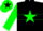 Silk - Black, bright green star, green hoop and cuffs on sleeves, green cap, black star