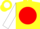 Silk - Yellow, white 'afds' on red ball, white sleeves