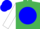 Silk - Emerald green, white mountain on blue ball, blue bars on white sleeves, white and blue cap