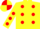 Silk - Dayglo yellow, red diagonal spots, dayglo yellow sleeves, red spots, quartered cap