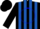 Silk - Black, 3 royal blue vertical stripes, 2 blue horse heads in circle front & back