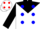 Silk - White, black yoke with blue dots, red a in black & yellow emblem, blue dots on black sleeves