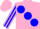 Silk - pink, large blue spots, pink sleeves, blue stripes, pink cap