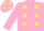 Silk - Dayglo pink, dayglo yellow diagonal spots, dayglo pink sleeves and cap, dayglo yellow spots