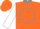 Silk - Orange, steel gray circle and 'bap', steel collar, white sleeves, steel hoops, orange cap, steel visor