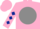 Silk - pink, grey ball, dark blue diamonds on sleeves, pink cap