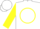 Silk - White, blue 'r' in yellow circle and blue frame, yellow cuffs on sleeves