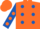 Silk - Dayglo orange, royal blue spots and sleeves, dayglo orange spots and cap,royal blue spotsandpeak